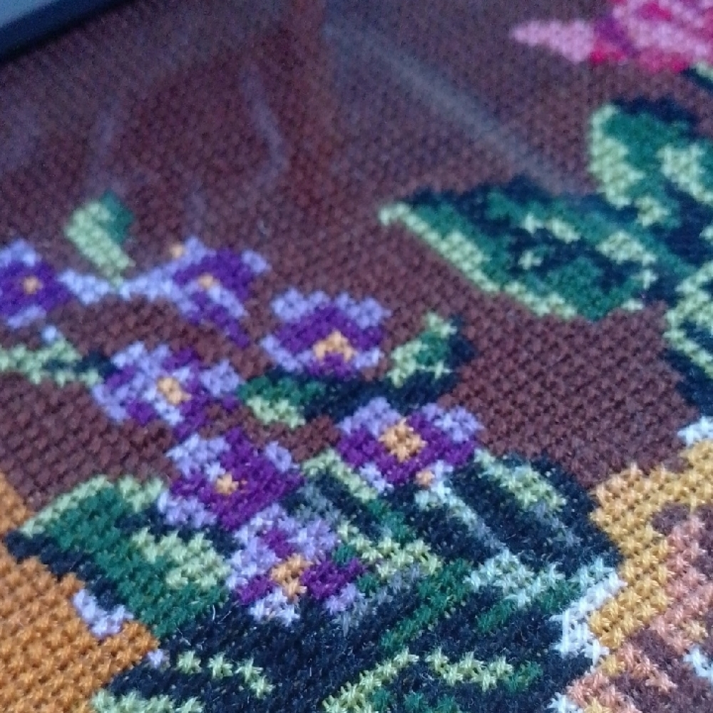 Vintage Needlepoint Art with Red, Pink, Yellow, Green Blooms - Picture 6 of 8